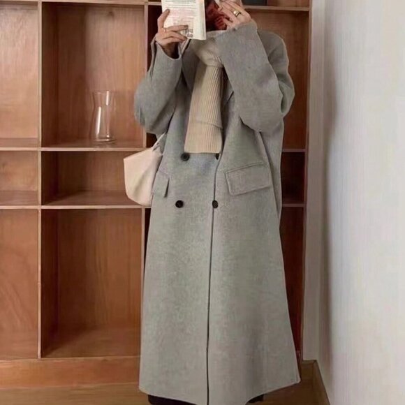 Grey Casual Women's Dropped Shoulder Double-Breasted Coat - Picture 1 of 4